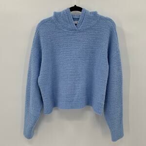 Aerie Womens Small Fuzzy Pullover Hoodie Powder Blue Soft Cozy Cropped Sweater